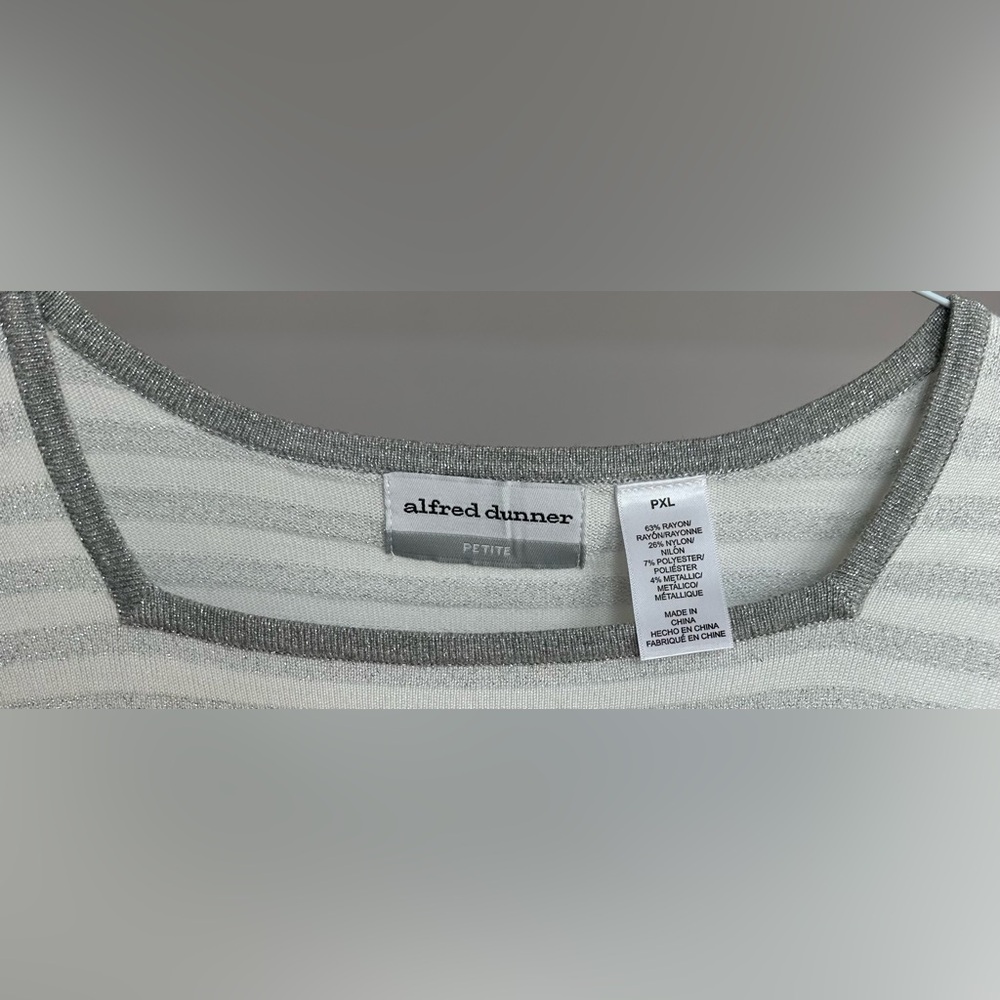 Alfred Dunner PXL 3/4 length metallic silver and white striped pullover top - Picture 4 of 7